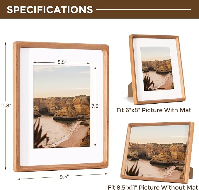 8.5x11 Picture Frame USA-Sourced Natural Cherry Wood Solid Original Wood Photo - Image 2