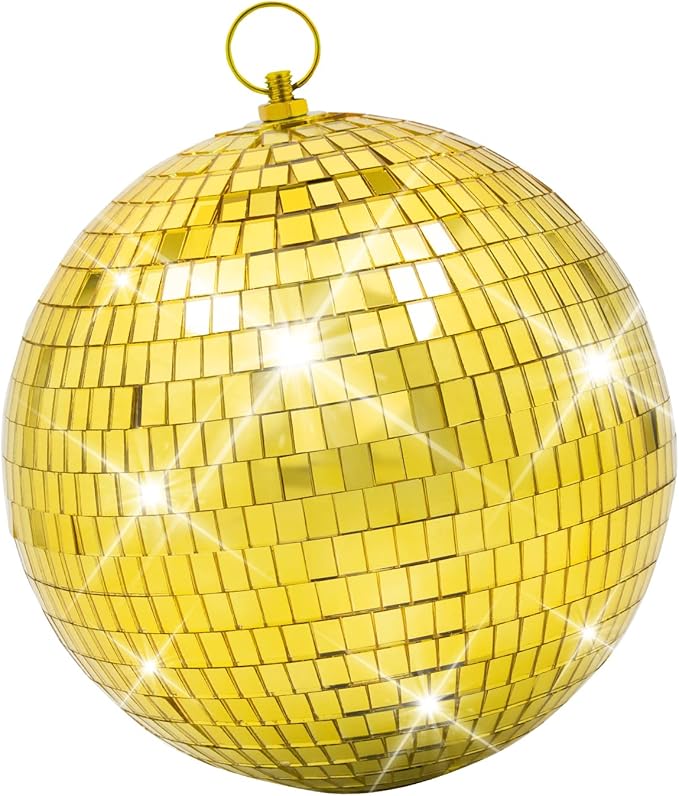 Mirror Disco Ball Decor with Hanging Ring: 8 Inch Large Gold Disco Ball by Javik