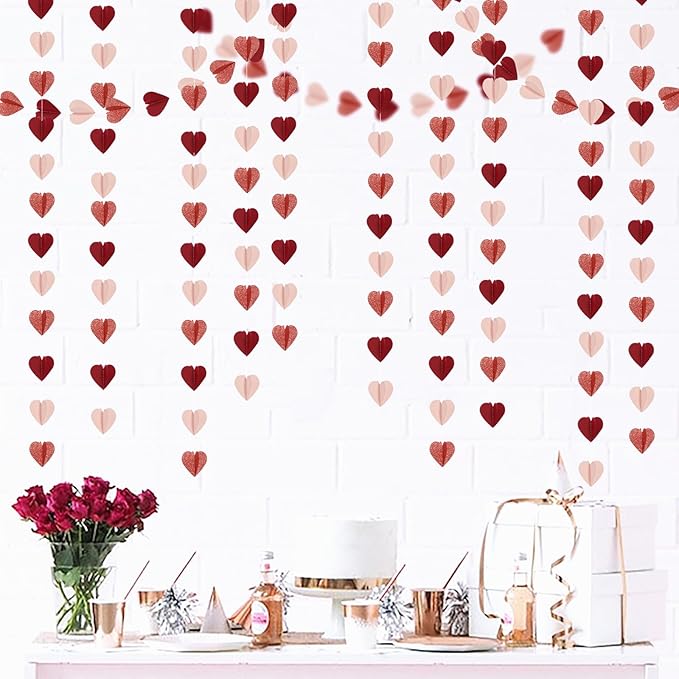 Rose-Gold Pink Burgundy-Red 3D-Heart Garland - 39Ft Party Decorations Hanging - Image 4