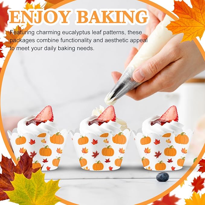 Domensi 100 Pcs Fall Pumpkin Maple Leaf Cupcake Wrappers Rustic Cupcake Liners - Image 4