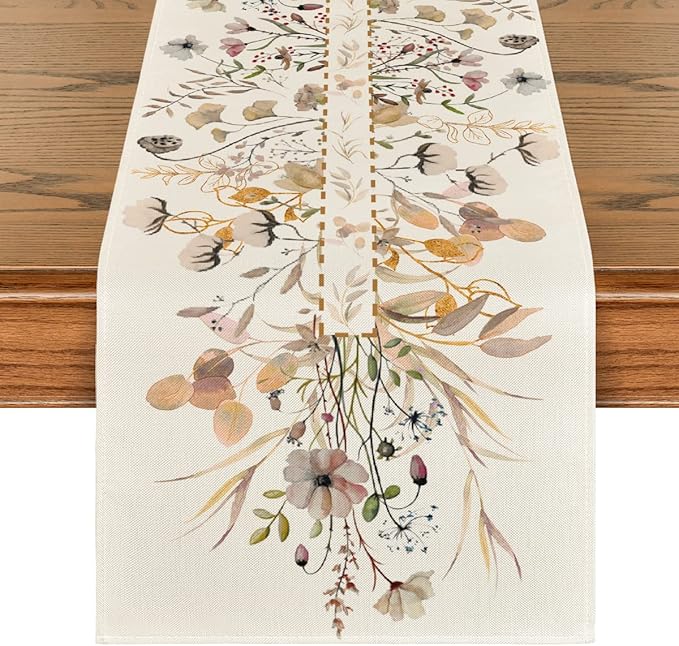 Artoid Mode Wildflower Leaves Floral Fall Table Runner, Autumn Thanksgiving by ArtoidMode