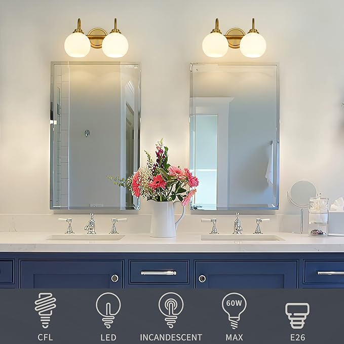 Gold Bathroom Vanity Light Fixtures, 2 Light Modern Over Mirror - Image 2