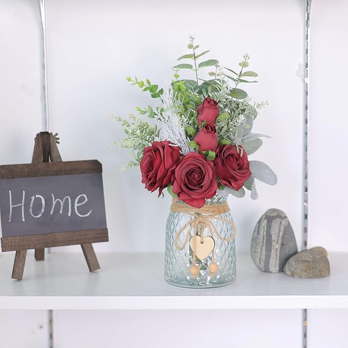 Faux Flowers with Vase, Artificial Silk Roses in Vase, Fake Plant Eucalyptus - Image 3