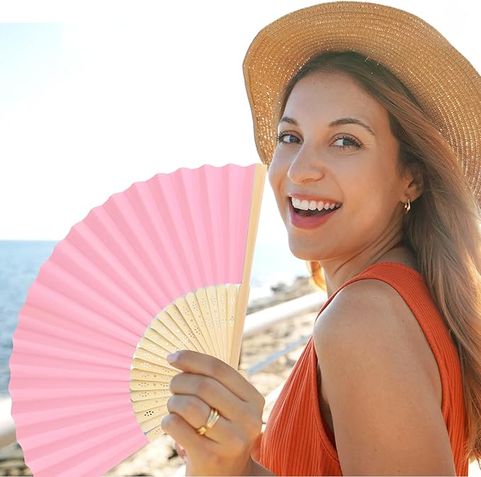 6 Pieces Pink Hand Held Bamboo Folding Fans Foldable Paper Fans Handheld - Image 7