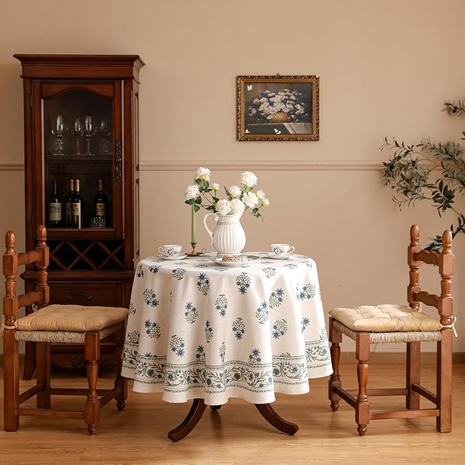 ISAENNE Designer White Linen Round Tablecloth, Chinoiserie Floral Elegant - Image 2