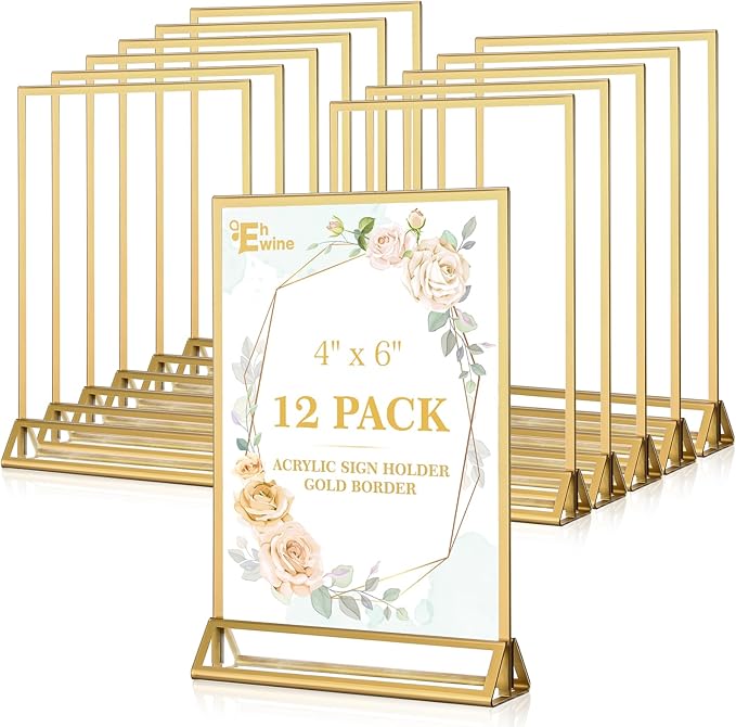 EHWINE 12 Pack Acrylic Sign Holder 4 x 6, Double Sided Gold Picture Frame Stand by EHWINE