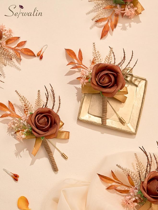 Serwalin 10Pcs Boutonniere for Men, Burnt Orange Groom and Best Man Boutonniere - Image 3