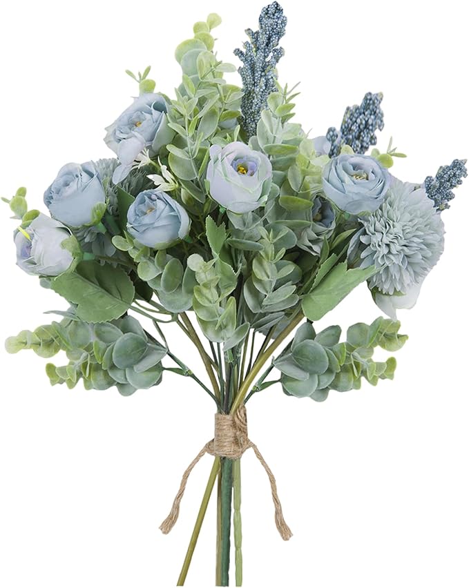Meldel 3Pcs Rose Bouquet Blue Artificial Flowers Fake Eucalyptus Plants Silk by Meldel