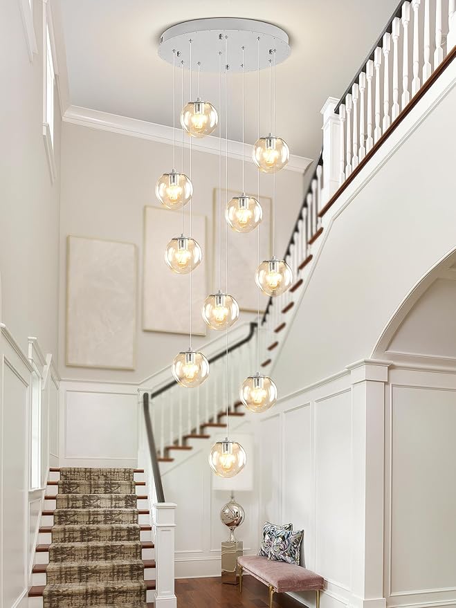 H118 Staircase Chandelier for Entryway Modern Globe Chandelier 12-Lights Glass - Image 2