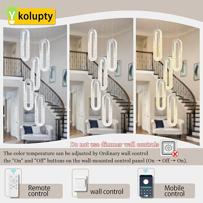 5 Rings Crystal Chandeliers for Staircase Large Pendants Light Fixture Silver - Image 4