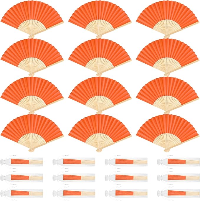 12 Pieces Orange Hand Held Bamboo Folding Fans Paper Fans Handheld by Bringsparkletoeverydaylife