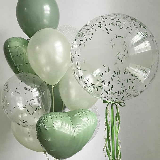 Sage Green White Heart Balloons - Image 6