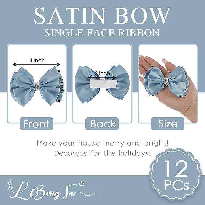 Satin Bows 4'' Premade Dusty Blue Ribbon Bow, Wrapping Bows - Image 2