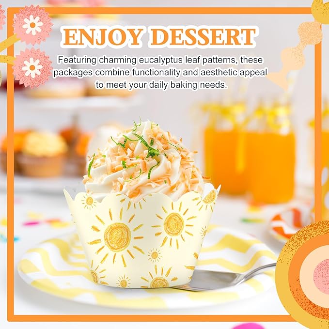Domensi 100 Pcs Bohemian Sun Cupcake Wrappers Rustic Yellow Sunshine Cupcake - Image 7