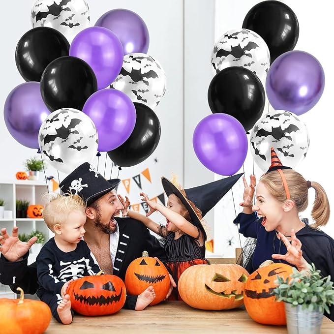 Halloween Balloons, Metallic Purple and Halloween Bat Printed Clear Balloon - Image 5