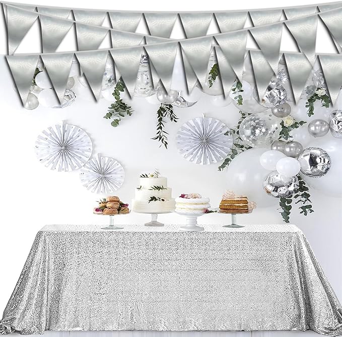 40M/130FT Silver Triangle Pennant Banner Flag Metallic Fabric Bunting Garland - Image 5