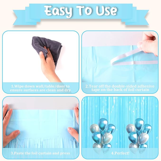 3 Pack 3.3 x 8.2 ft Pastel Blue Foil Fringe Backdrop Curtains, Tinsel Streamers - Image 4