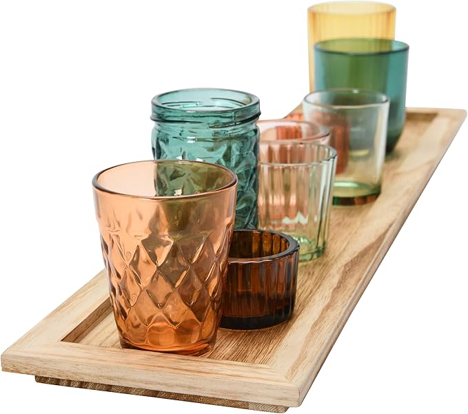 Creative Co-Op Round Glass Votive Holders on Wood Tray - Image 7