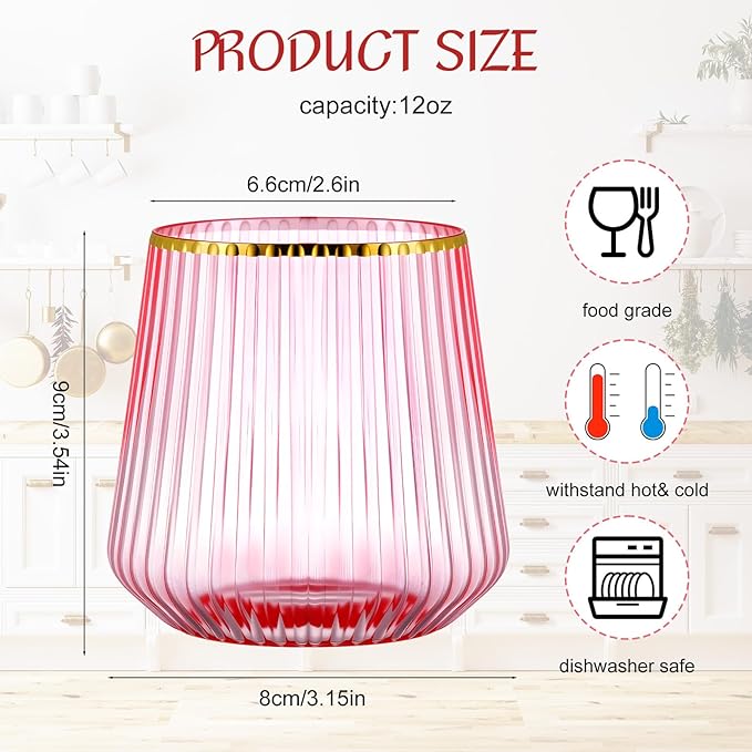 24 Pcs Pink Plastic Wine Glasses Ribbed Disposable Wine Glasses Unbreakable - Image 2