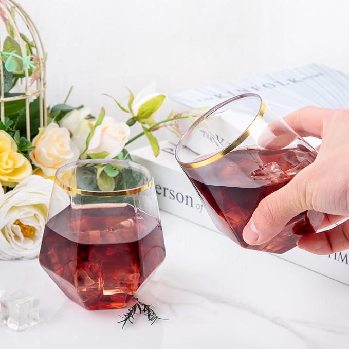 LUODA Gold Diamond Shaped Plastic Stemless Wine Glasses Set of 24, Disposable - Image 4