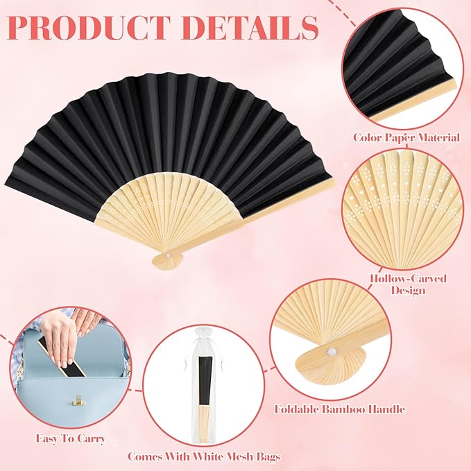 12 Pieces Black Hand Held Bamboo Folding Fans Paper Fans Handheld - Image 3