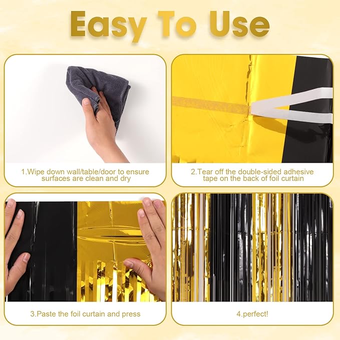 4 Pack Black and Gold Foil Fringe Backdrop Curtains, Tinsel Streamers Birthday - Image 4