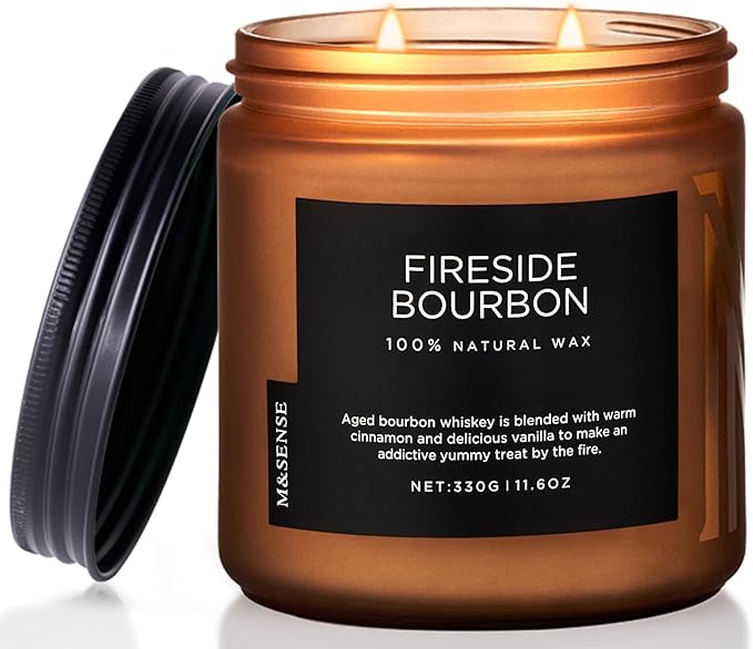 M&SENSE Fireside Bourbon Jar Candle, 11.6oz Clean Soy Wax Up to 70 Hours Burn by MSENSE