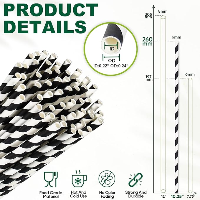 10.25" Long Disposable Paper Drinking Straws, 0.24" Diameter - Image 3