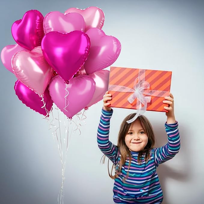 Pink Mixed Heart Balloons, 18 Inch 12 Pcs Hot Pink Foil Heart Shape Balloons - Image 4