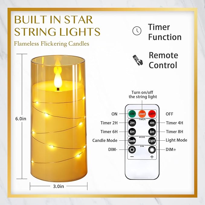 NURADA 3"x6"Flickering Flameless Candles: Built-in Star String Lights Acrylic - Image 7