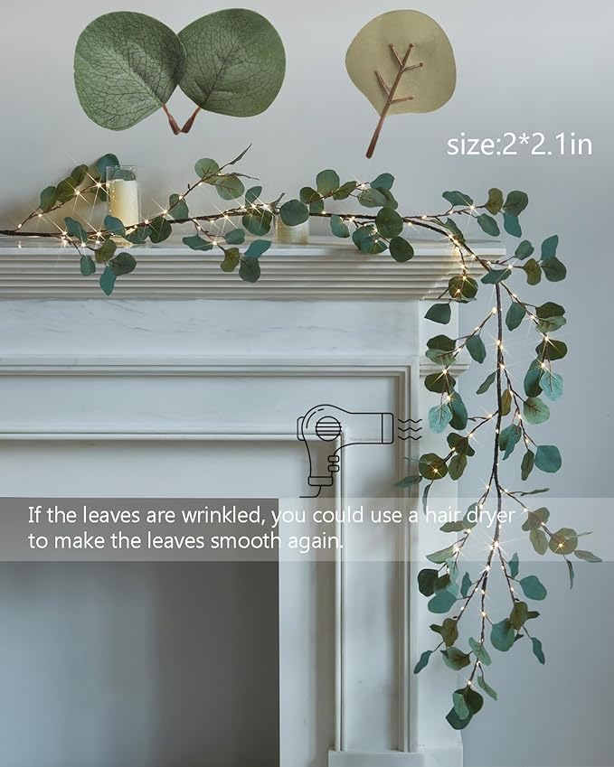 Fudios Lighted Twig Eucalyptus Garland 6FT 96 Warm White LED Battery Operated - Image 3