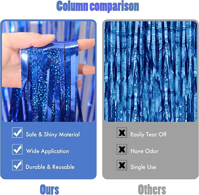 CANREVEL 2 Pack 3.3x8.2 Feet Blue Foil Fringe Backdrop Curtains, Glitter Tinsel - Image 3