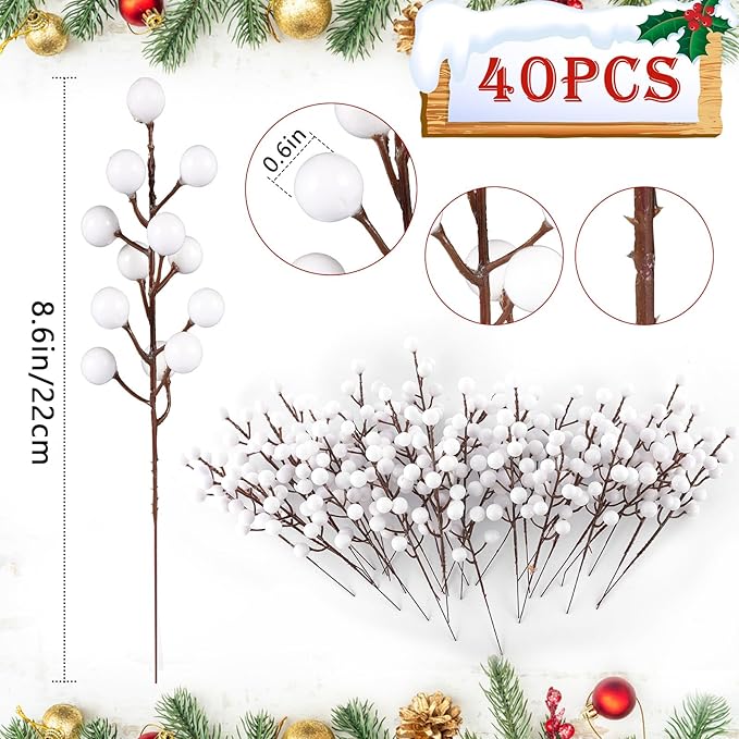 40 Pcs Artificial Berry Stems Branches, Christmas White Faux Holly Berries - Image 2