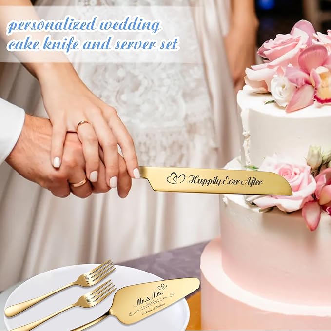 Personalized Wedding Cake Knife and Server Set, Wedding Gold Cake Cutting Set - Image 2