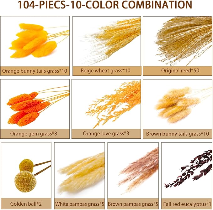 Fall Home Decor 104Pcs Orange Pampas Grass Autumn Dried Flowers Decorations - Image 7