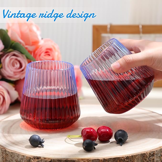 Suclain Plastic Wine Glasses Ribbed Stemless Wine Glasses 14oz Vertical Design - Image 3