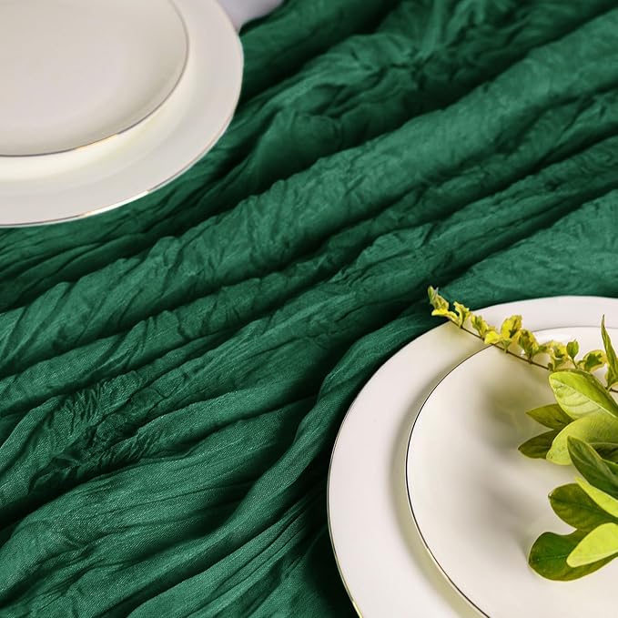 Hahuho Emerald Green Cheesecloth Table Runner 10ft, Gauze Boho Rustic Table - Image 2