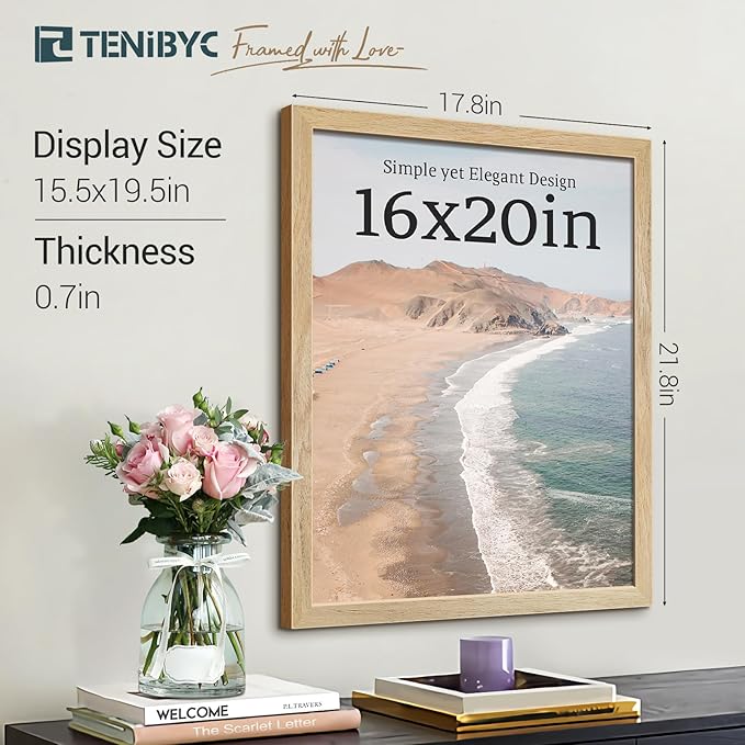 16x20 Poster Frame 4 Pack, Natural Solid Wood Picture Frame, HD Tempered Glass - Image 2