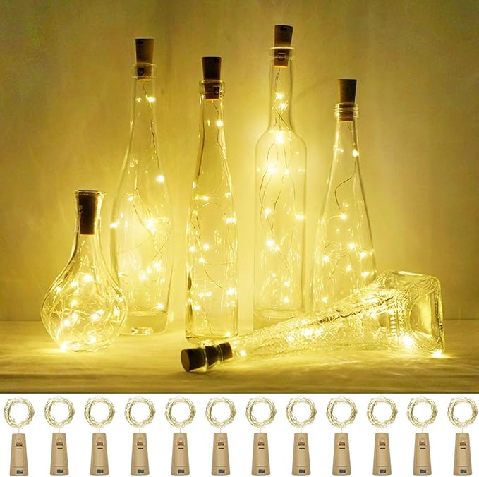 Wine Bottle Lights with Cork, 12 Pack Battery Operated 12 LED Cork Shape Silver by LoveNite