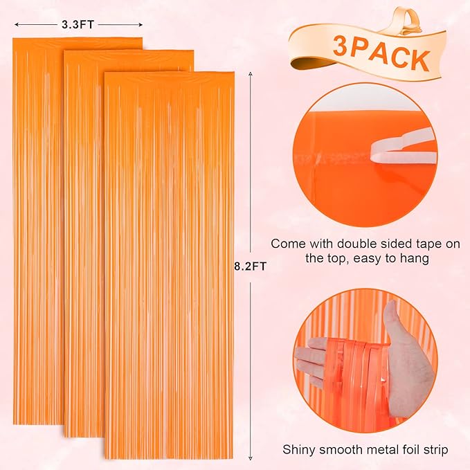 3 Pack 3.3x8.2 Feet Orange Foil Fringe Backdrop Curtains, Tinsel Streamers - Image 3