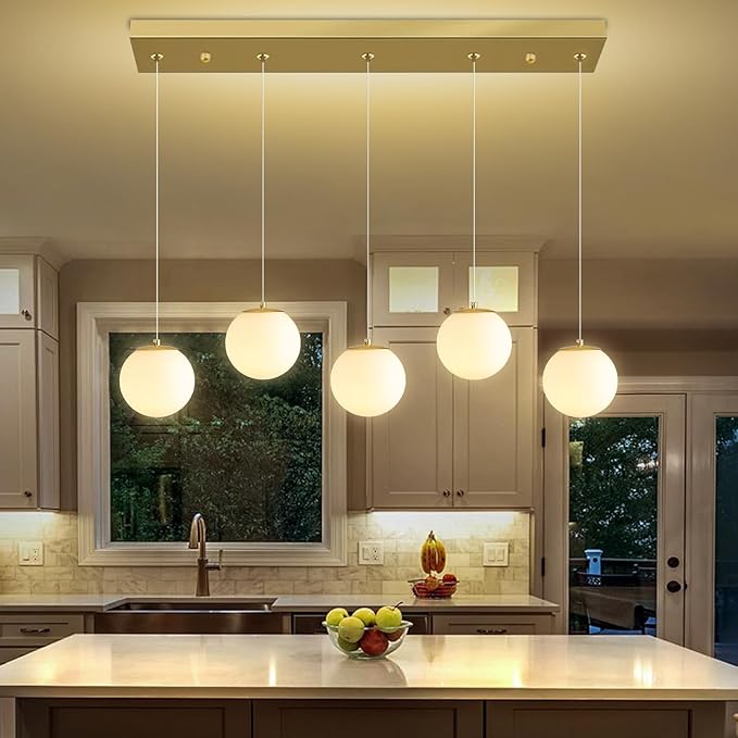 5-Lights Globe Pendant Light for Kitchen Island H 98" Gold Rectangle Chandelier - Image 5