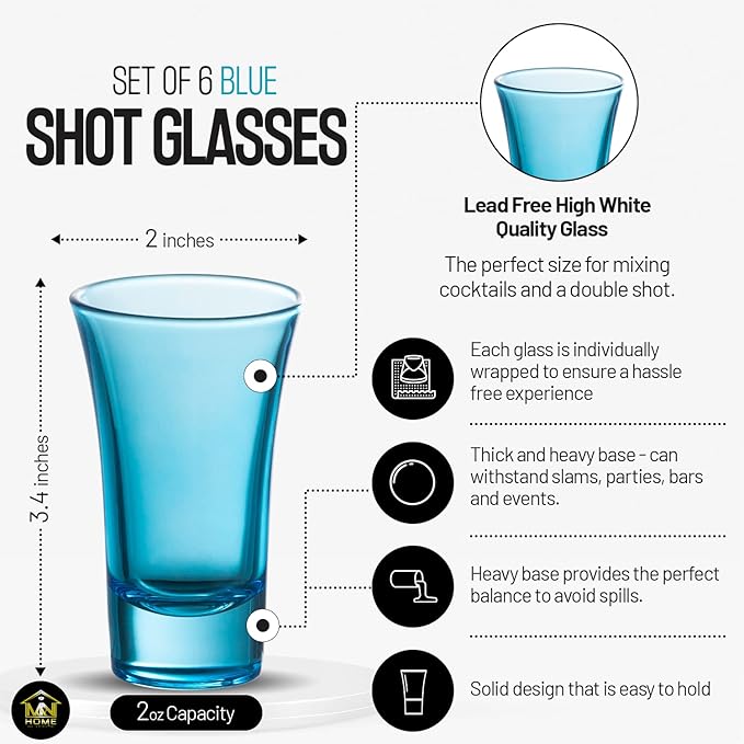 M&N HOME Blue Colored Glass Shot Glasses, 2 Oz Set of 6 - Image 5
