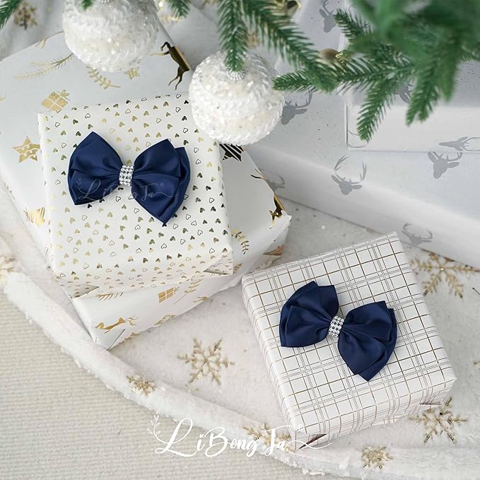 Navy Satin Bows 4'' Premade Blue Ribbon Bow, Gift Bows - Image 6