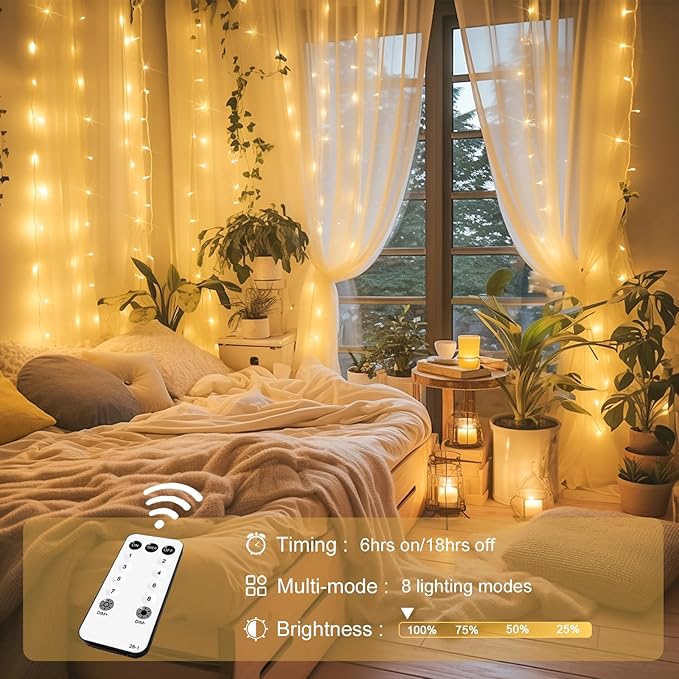 JMEXSUSS 300 LED Remote Control Christmas Curtain Lights, Plug in Fairy Curtain - Image 2