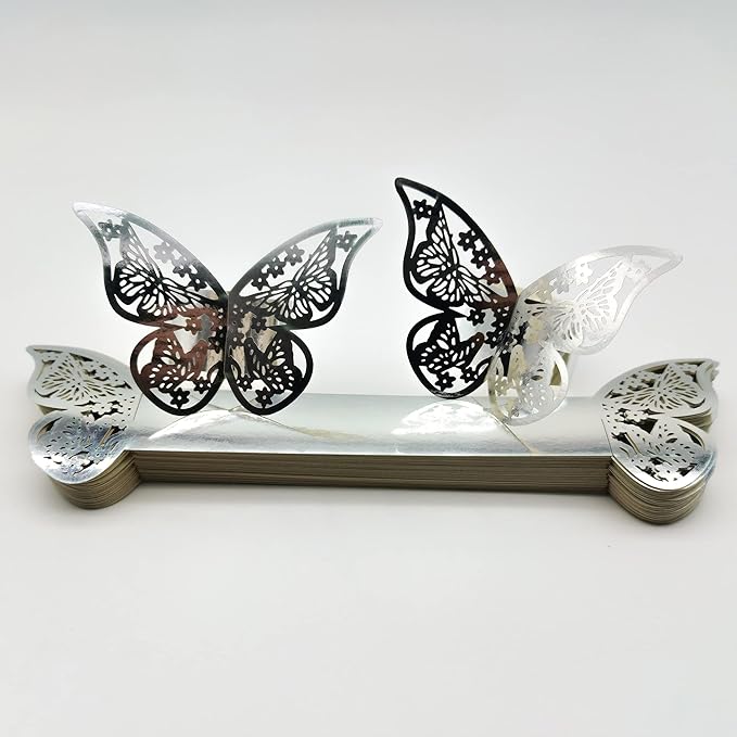 Butterfly Silver Paper Napkin Rings Set of 100 pcs，3D Laser Cut Foil Cutout - Image 3