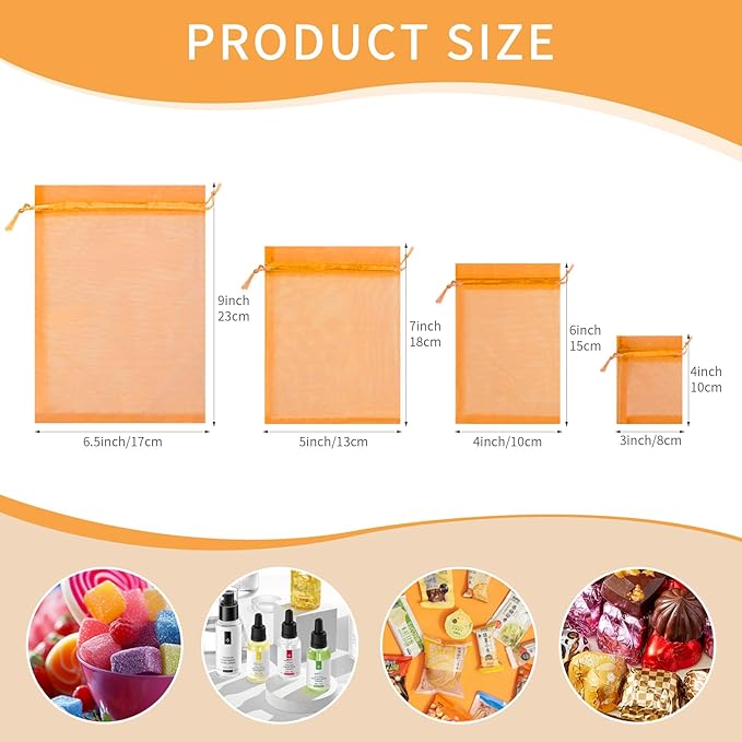 50 Pack Orange Organza Bags 6x9 Inch, Mesh Bag Drawstring - Image 2