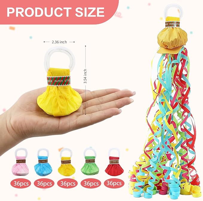 180 Pcs Hand Thrown Streamer Poppers Colorful, Confetti Streamers No Mess Paper - Image 2