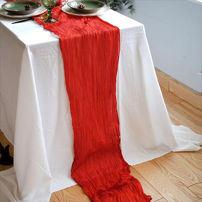 Red Table Runner Cheesecloth 142'' Rustic Gauze Wedding Runner, Christmas - Image 5