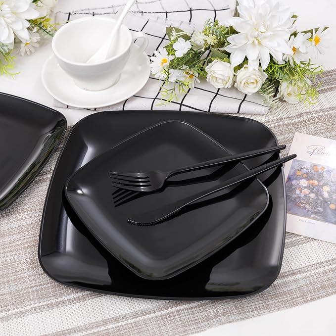 PULOTE 60PCS Black Square Plastic Plates Disposable - Image 5