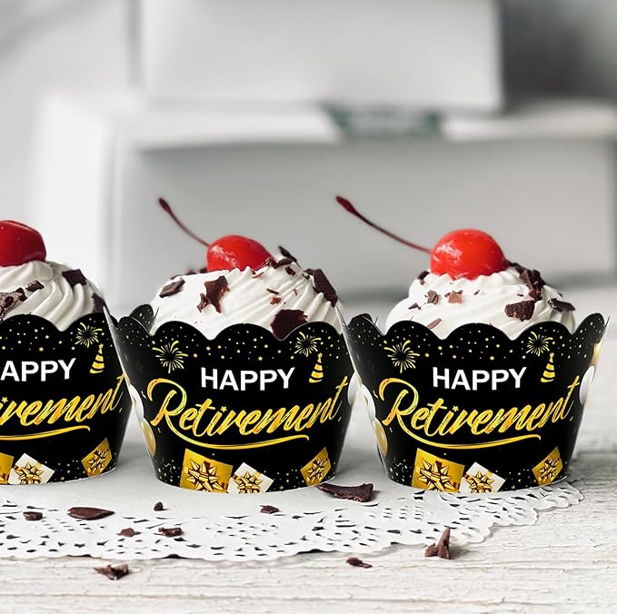 Whaline 36Pcs Happy Retirement Cupcake Wrappers Black Gold Retirement Cupcake - Image 5